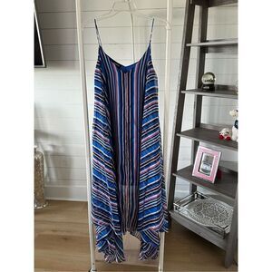 BEBE Dress Striped Blue Coral Black Sheer Sun Dress w Pockets & V Neck Women’s X
